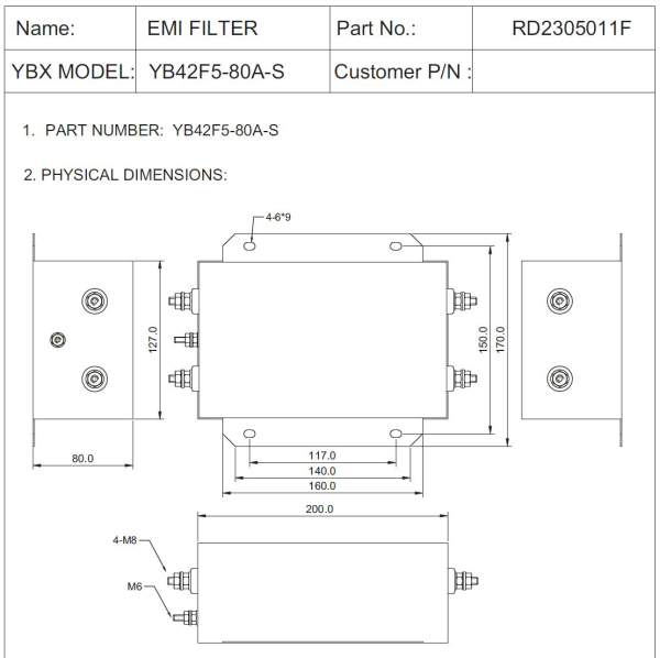 Фото - Фільтр ВЧ EMI 250VAC 80A 1ф YB42F5-80A-S