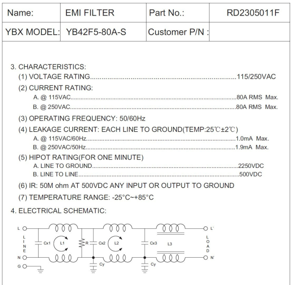 Фото - Фільтр ВЧ EMI 250VAC 80A 1ф YB42F5-80A-S