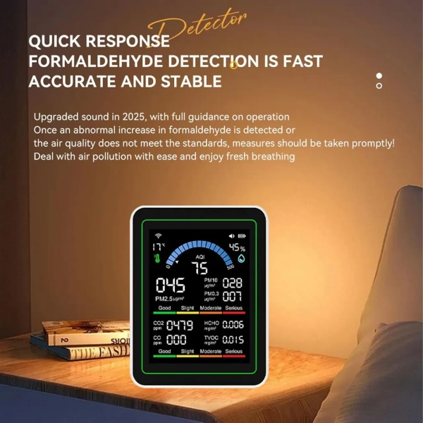 Фото - Монітор якості довкілля Z N-MT13W чорний, AQI, CO2, CO, PM2.5, PM10, PM0.3, температура, вологість, HCHO, TVOC, WiFi Tuya, історія