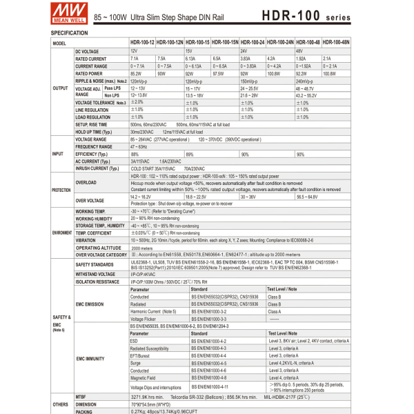 Фото - Блок живлення Mean Well HDR-100-12 оригінал (12VDC, 100W)