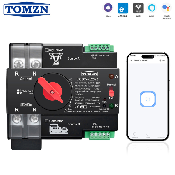 Фото - Розумний перемикач джерела живлення 2полюси 220VAC/125А, GRID/GEN, TOQ7, WiFi eWeLink, TOMZN