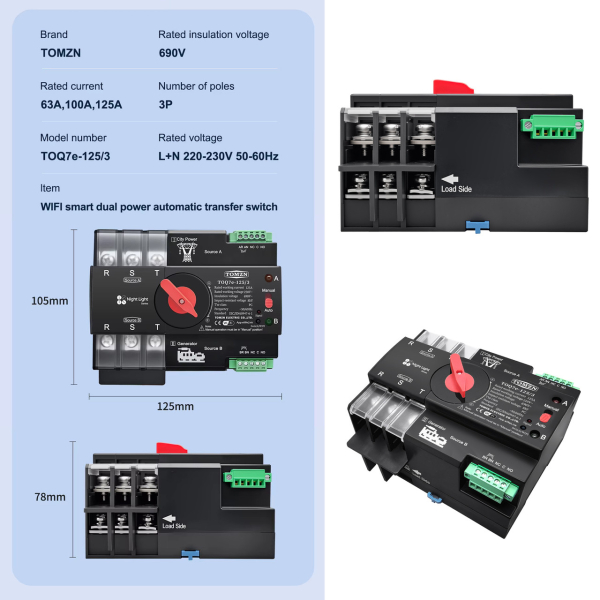 Фото - Розумний перемикач джерела живлення 3полюси 220(380)VAC/125А, GRID/GEN, TOQ7, WiFi eWeLink, TOMZN