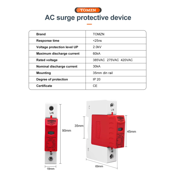 Фото - Обмежувач перенапруги SPD AC 275V 30-60KA, 1полюс, TOMZN, TOV1-B