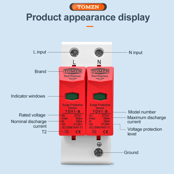 Фото - Обмежувач перенапруги SPD AC 275V 30-60KA, 2полюси, TOMZN, TOV1-B