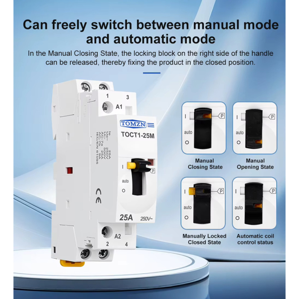 Фото - Контактор модульний 220VAC/25A, TOCT1-25M, 2полюси, 2NC, з ручним режимом, DIN рейка, TOMZN