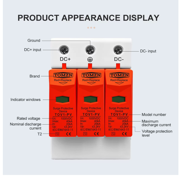 Фото - Обмежувач перенапруги SPD DC 1000V 20-40KA 3полюси TOMZN TOV1-PV
