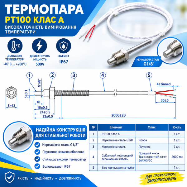 Фото - Датчик температури PT100 клас А, SS304, різьба G1/8