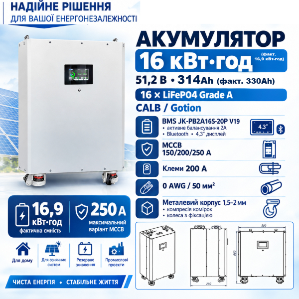 Фото - Акумулятор 16кВт*год , номінальна напруга 51.2В, на базі 16шт. призматичних LiFePO4 комірок CALB (Gotion) 314Ah